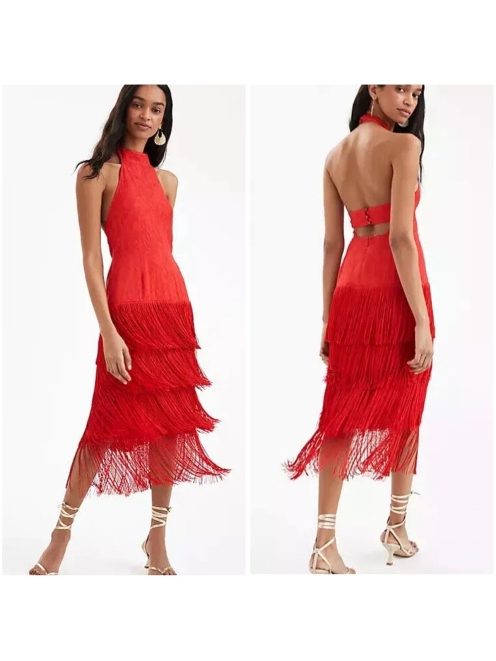 NWT Anthropologie Solid Fringe Red Halter Dress Midi Party Holiday Sz 8
